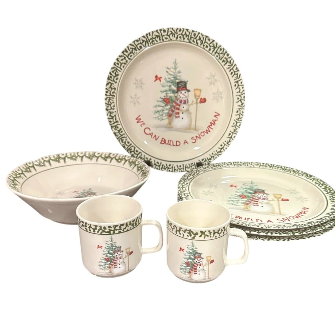 'We Can Build a Snowman' Stoneware 7-Pieces 4-Dinner Plates, 2-Mugs, 1 Bowl - Thumbnail 2