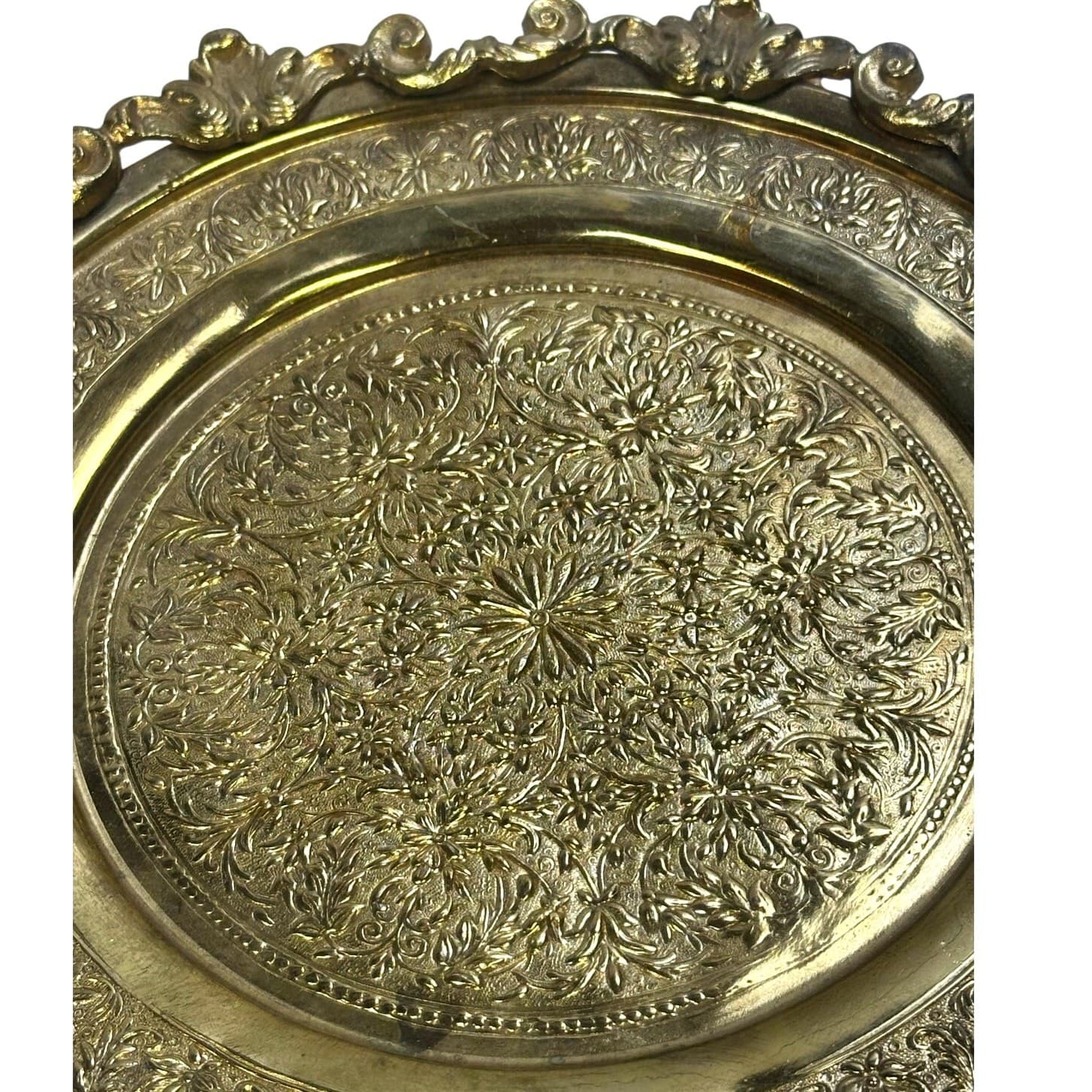 Brass Embellished Turkish Art Nouveau 10" Footed Platter/Tray w/Handles-Stunning - Thumbnail 6
