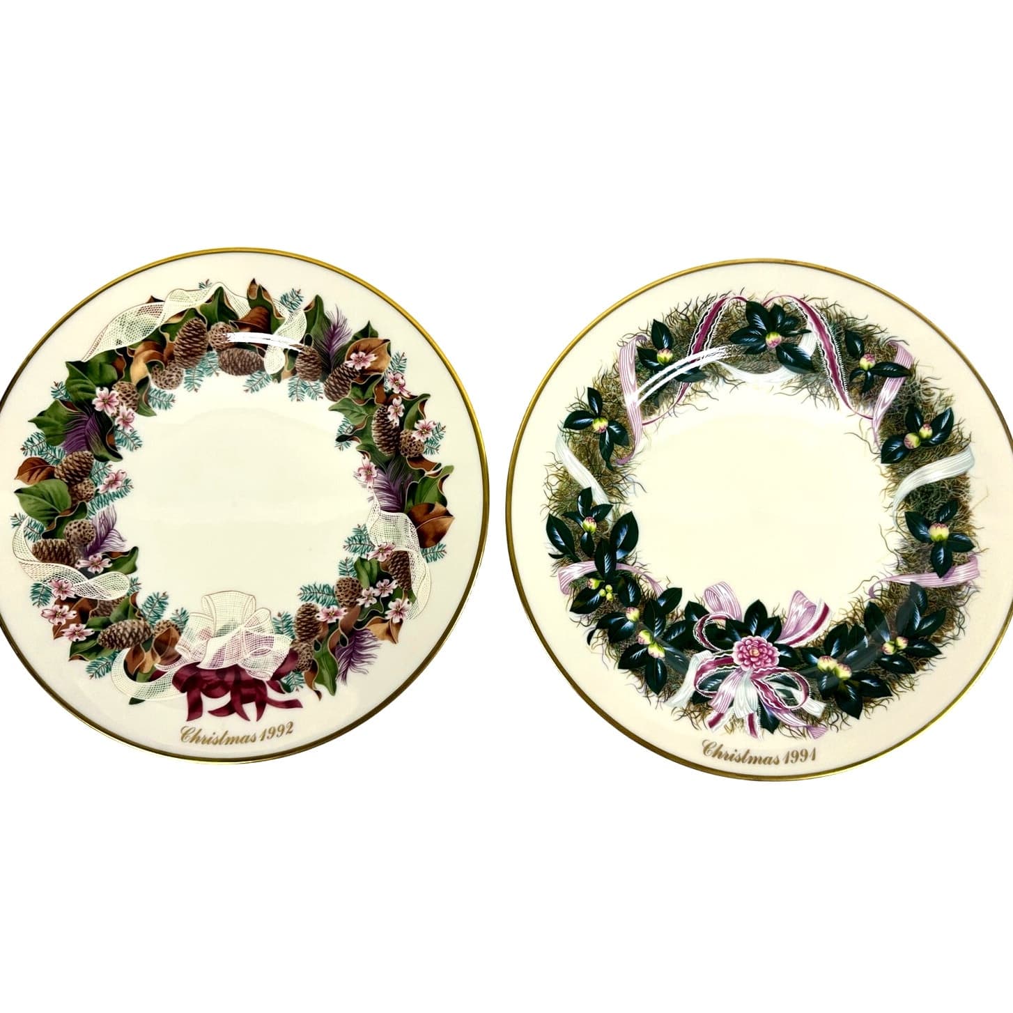 Lenox Limited Edition 1991 and 1992 Colonial Christmas Wreath Issue-Set of 2