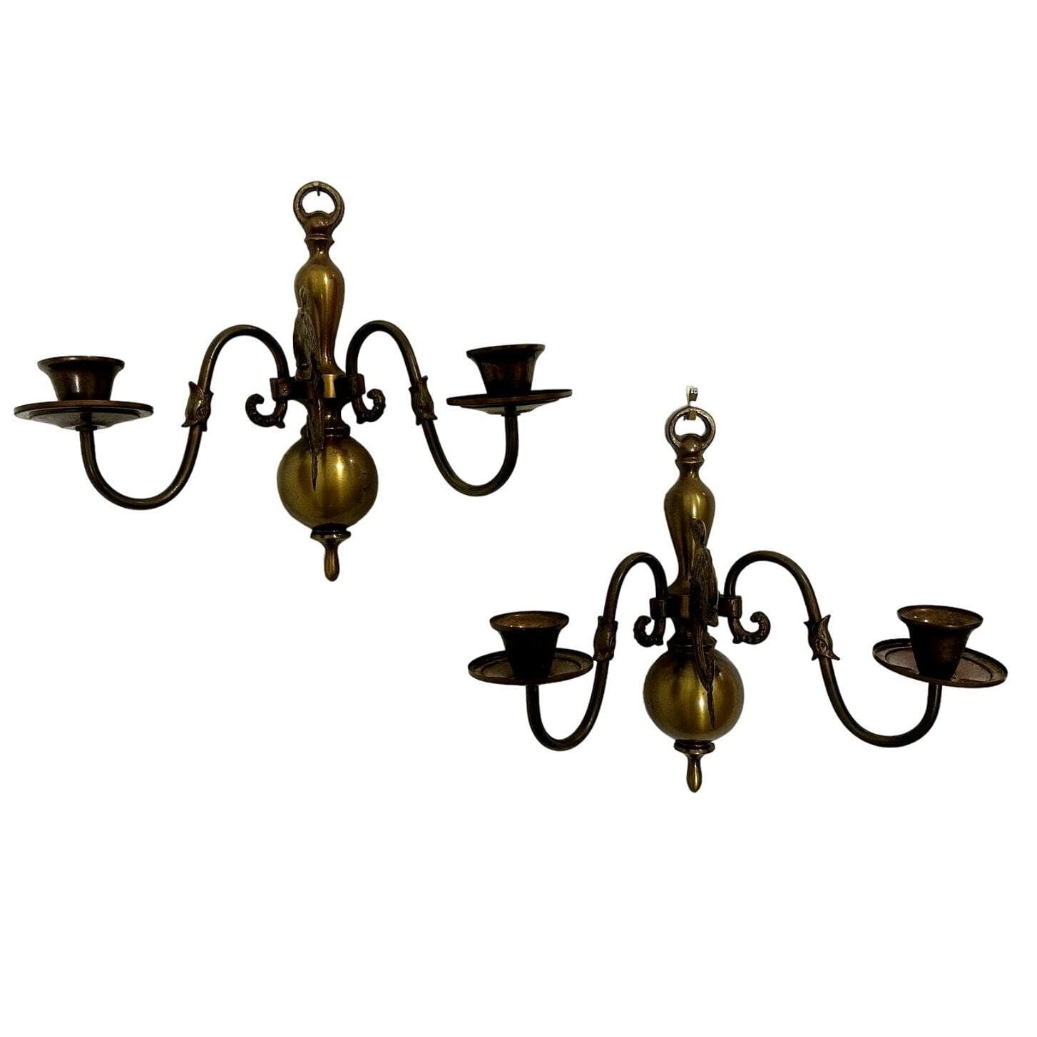 Antique Traditional Dolphin Design Two Candle Brass Wall Sconce-Set of Two! - Thumbnail 2