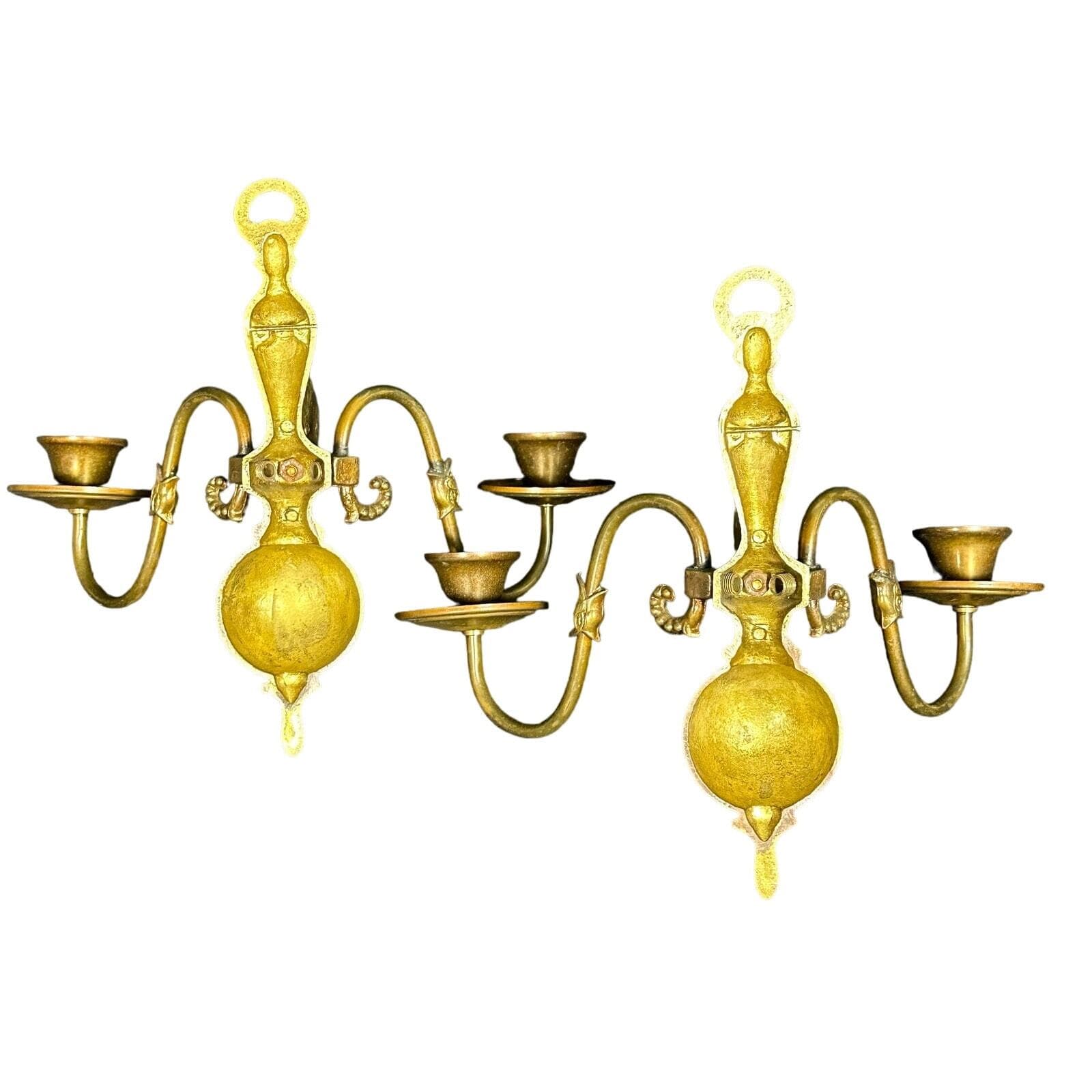 Antique Traditional Dolphin Design Two Candle Brass Wall Sconce-Set of Two! - Thumbnail 11
