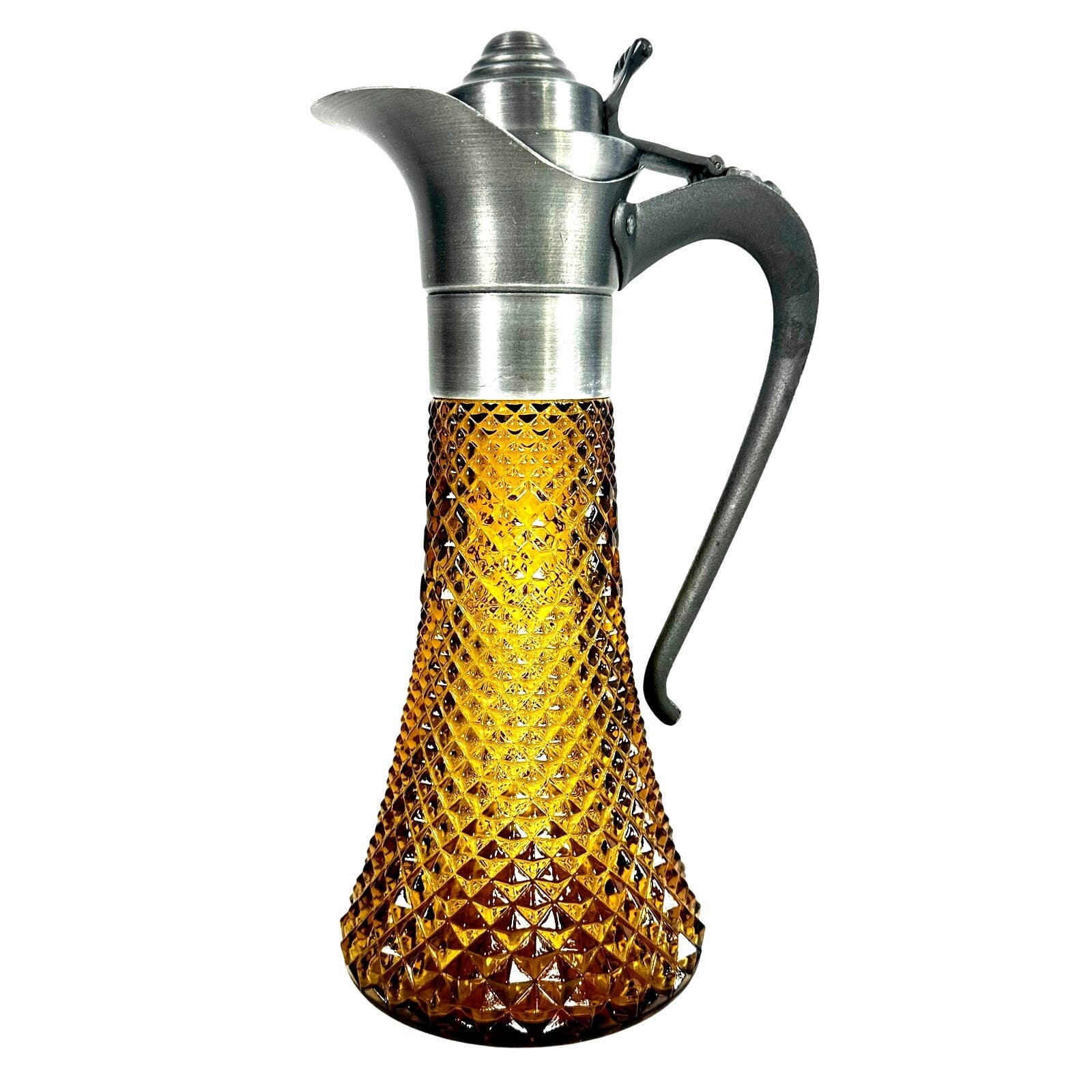 Antique Diamond Point Amber Glass Ewer Style Pitcher Pewter Lid & Handle-Rare!