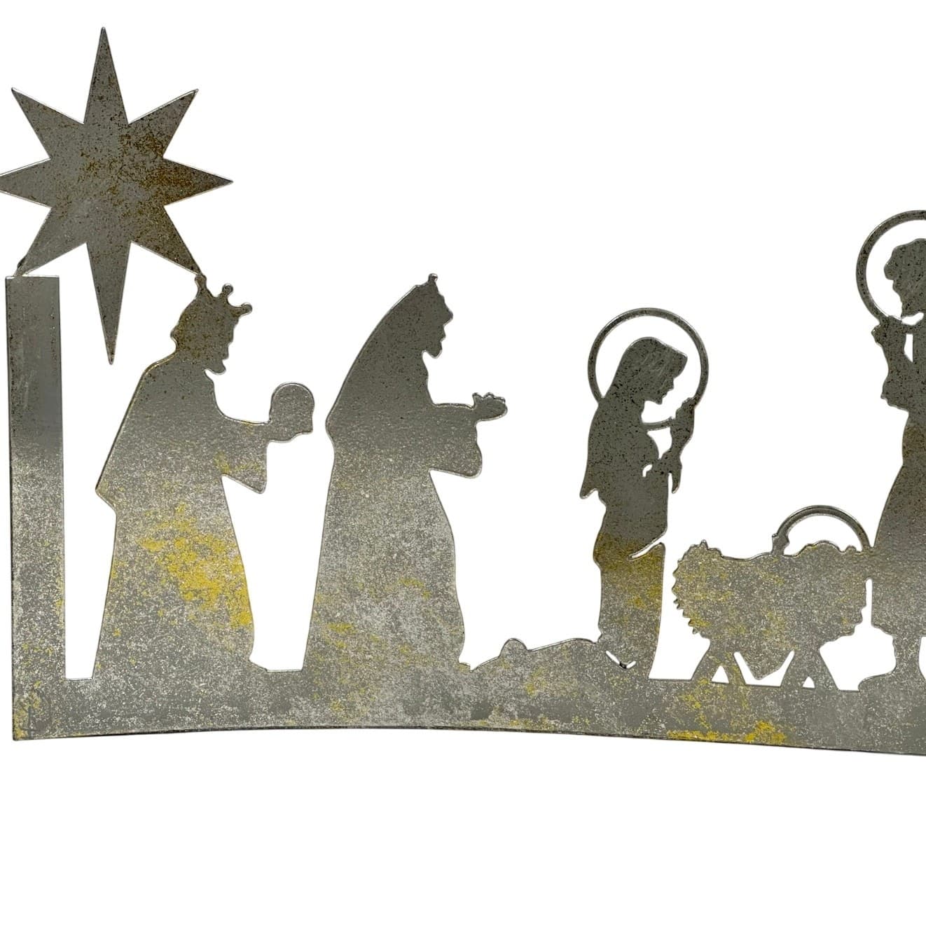 Curved Metal 22.5" Grey/Gold Flecks Die-Cut Christmas Nativity Scene - Thumbnail 3