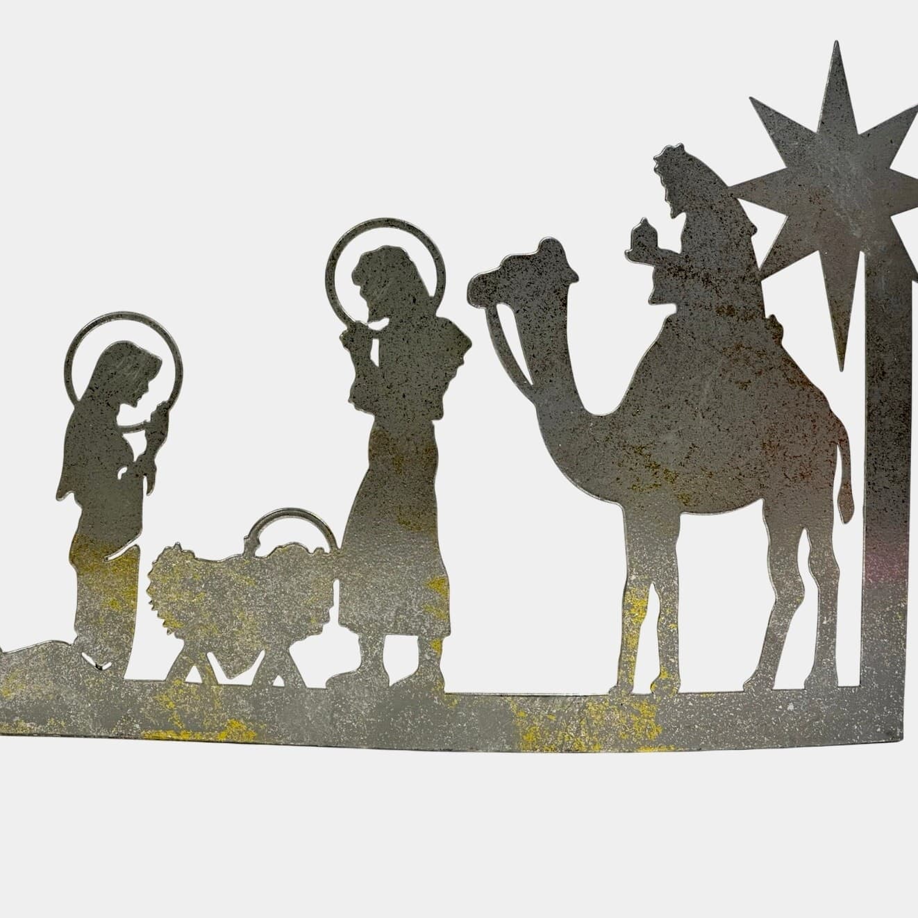 Curved Metal 22.5" Grey/Gold Flecks Die-Cut Christmas Nativity Scene - Thumbnail 2
