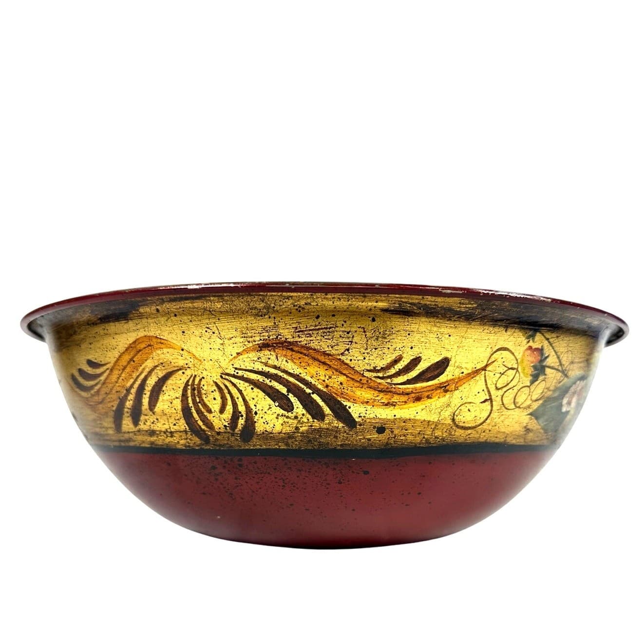 Tole Folk Art Hand Painted Red Strawberry Floral Large Stainless Serving Bowl - Thumbnail 3
