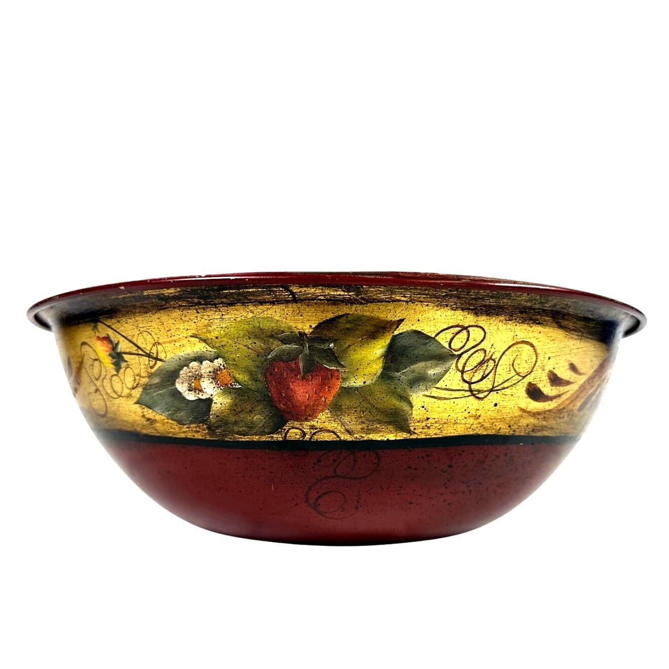 Tole Folk Art Hand Painted Red Strawberry Floral Large Stainless Serving Bowl - Thumbnail 4