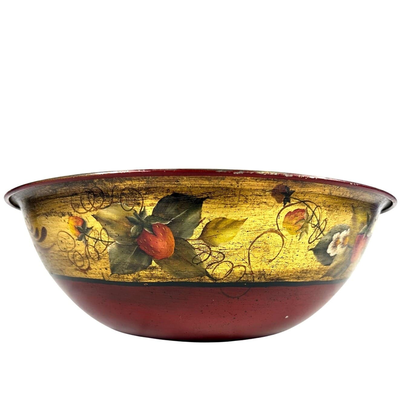 Tole Folk Art Hand Painted Red Strawberry Floral Large Stainless Serving Bowl - Thumbnail 2