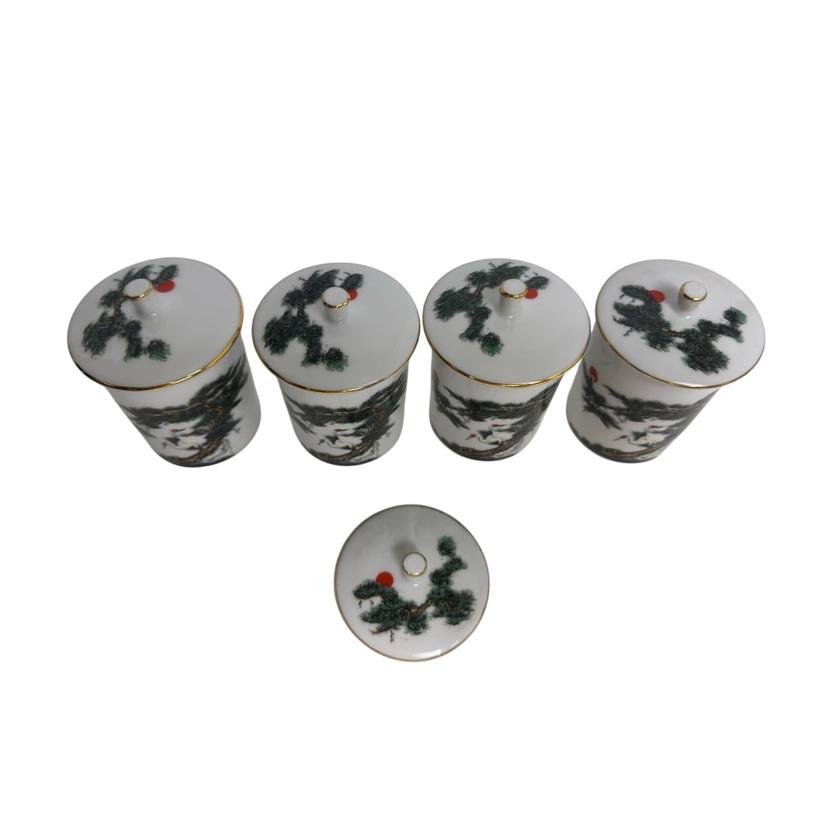 Tatung Tea Cups/Porcelain Jar Taiwan w/Lid Pine Trees/Red Sun/Cranes-Set of 4 - Thumbnail 6