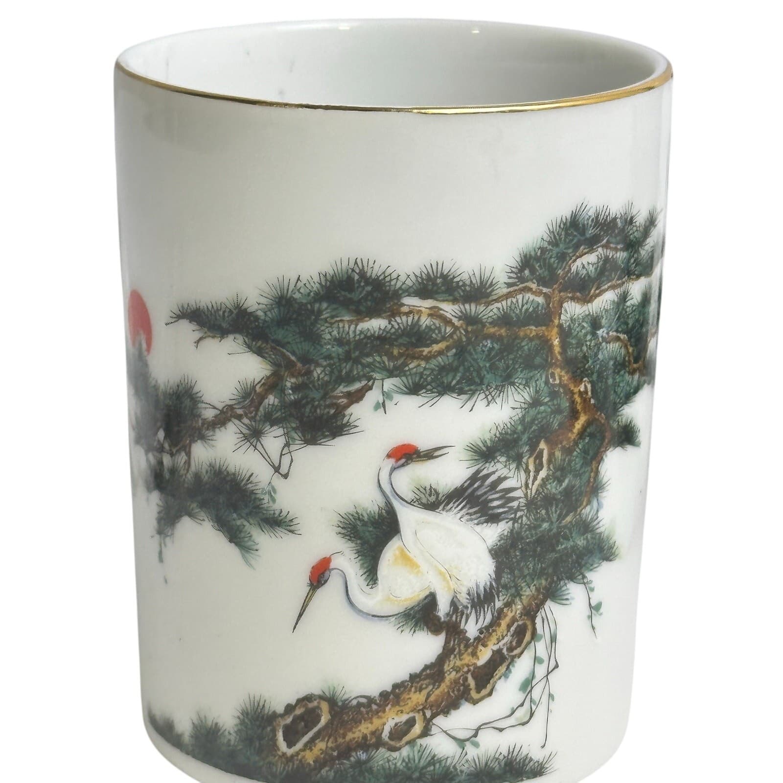 Tatung Tea Cups/Porcelain Jar Taiwan w/Lid Pine Trees/Red Sun/Cranes-Set of 4 - Thumbnail 4