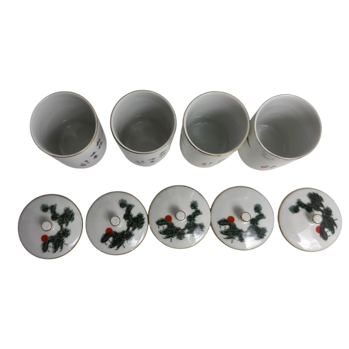 Tatung Tea Cups/Porcelain Jar Taiwan w/Lid Pine Trees/Red Sun/Cranes-Set of 4 - Thumbnail 3