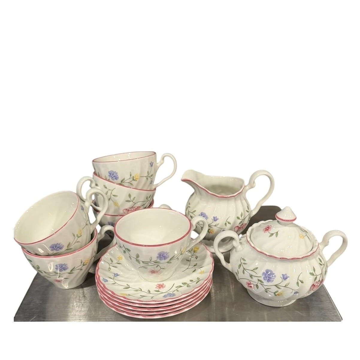 Johnson Bros Summer Chintz Tea Set 6 Cups 5 Saucers Sugar Creamer England - Thumbnail 6