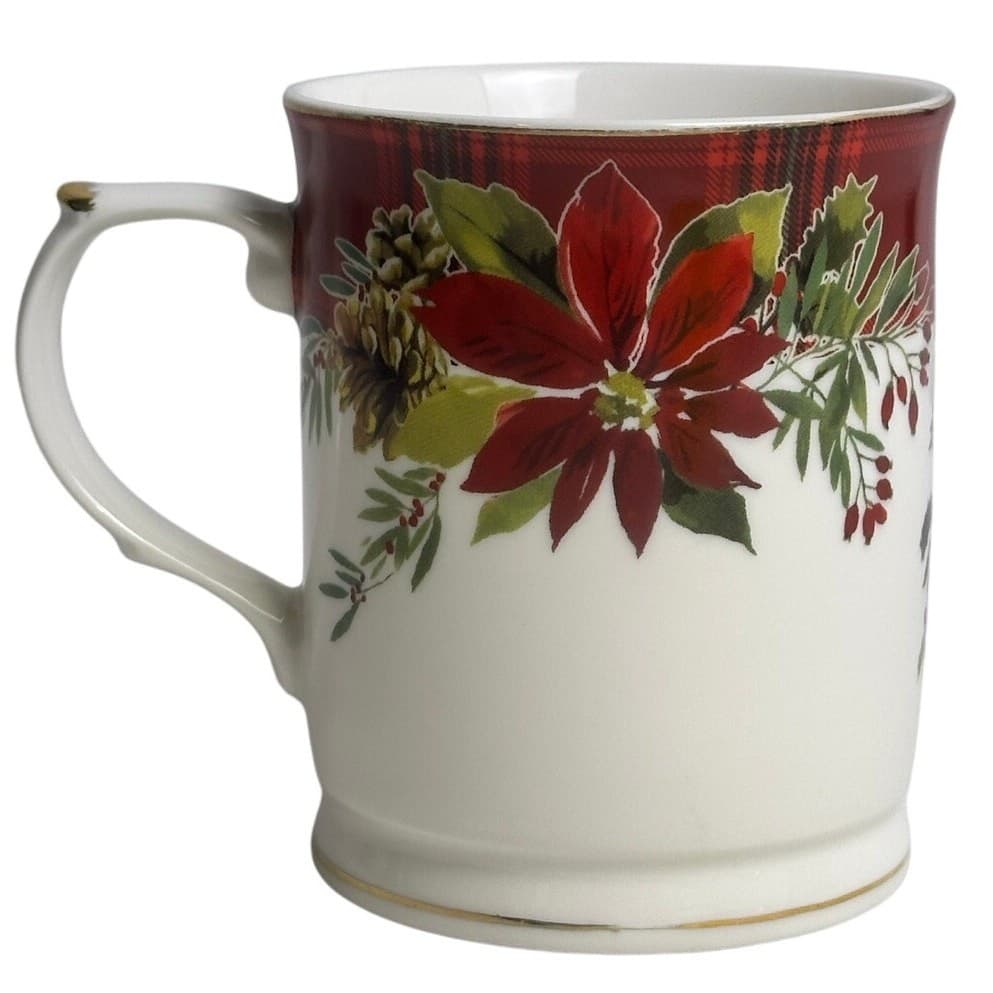 Grace Teaware Holiday Poinsettia & Plaid Porcelain 12oz Coffee or Tea Mug - Thumbnail 3