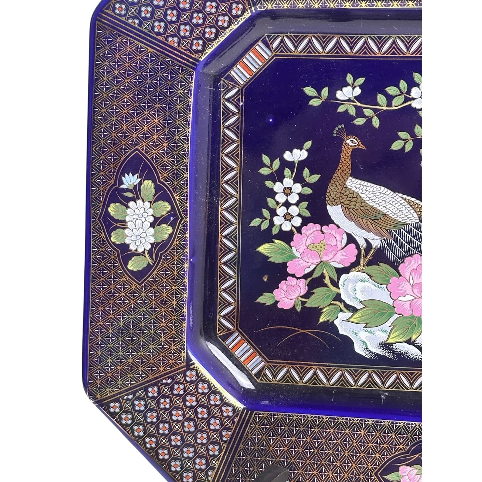 DeLux China M. A. Beheshti Japan Peacock Cobalt Blue Floral 13 x 11 Tray/Platter - Thumbnail 3