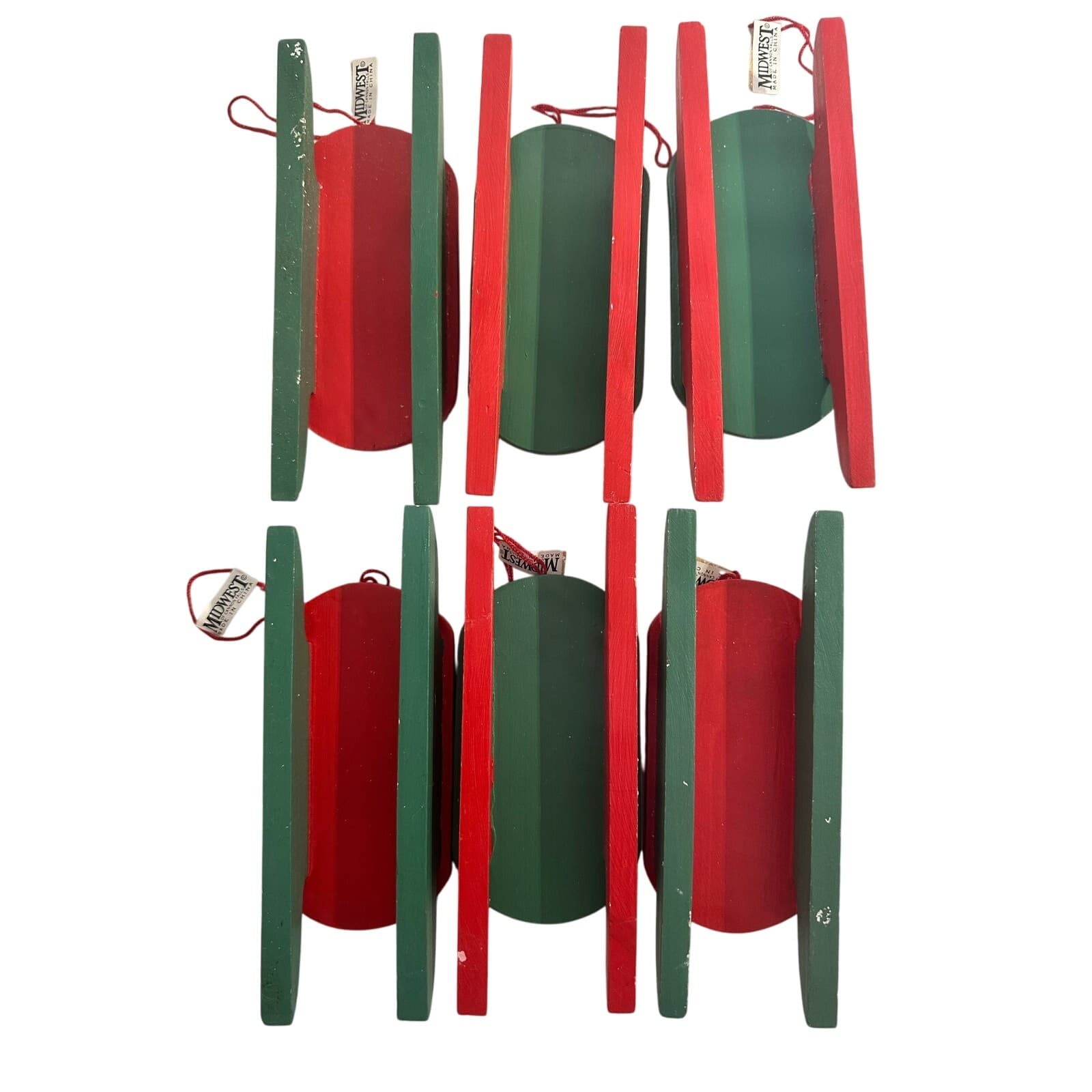 Midwest of Cannon Falls lot of 6 Wood Sled Ornaments 3 Snowmen & 3 Santa’s - Thumbnail 2