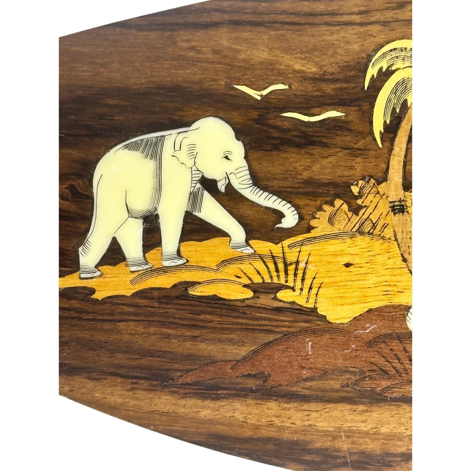 Wooden White Elephants Palm Trees Inlay Vintage Wall Art Plaque - Thumbnail 2