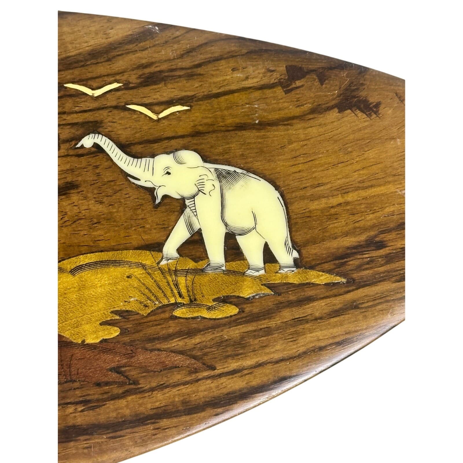 Wooden White Elephants Palm Trees Inlay Vintage Wall Art Plaque - Thumbnail 4