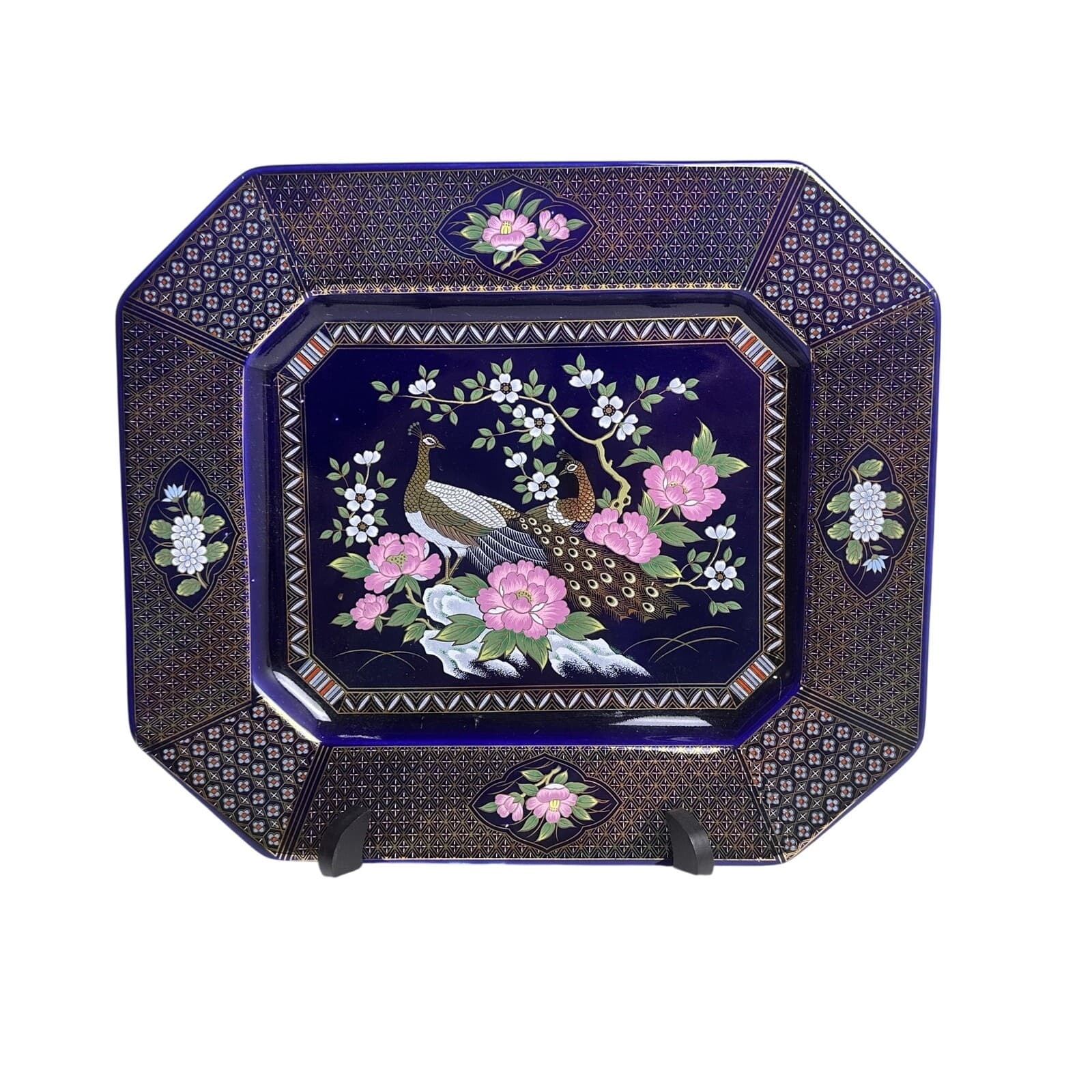 DeLux China M. A. Beheshti Japan Peacock Cobalt Blue Floral 13 x 11 Tray/Platter
