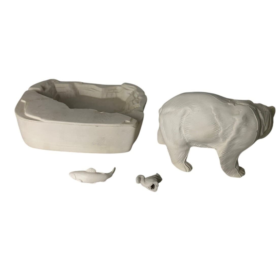 Unfired Greenware Bear Fishing in Pond 4 Piece Figurine Vintage - Thumbnail 3