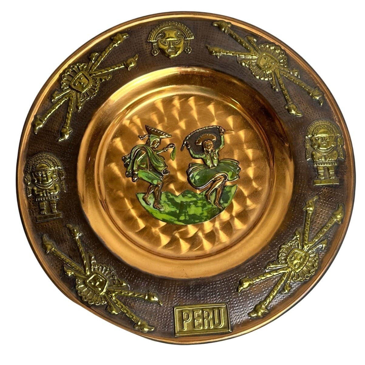 Peruvian Copper and Brass 11 7/8" Hand Painted Dancing Figures Decorative Plate