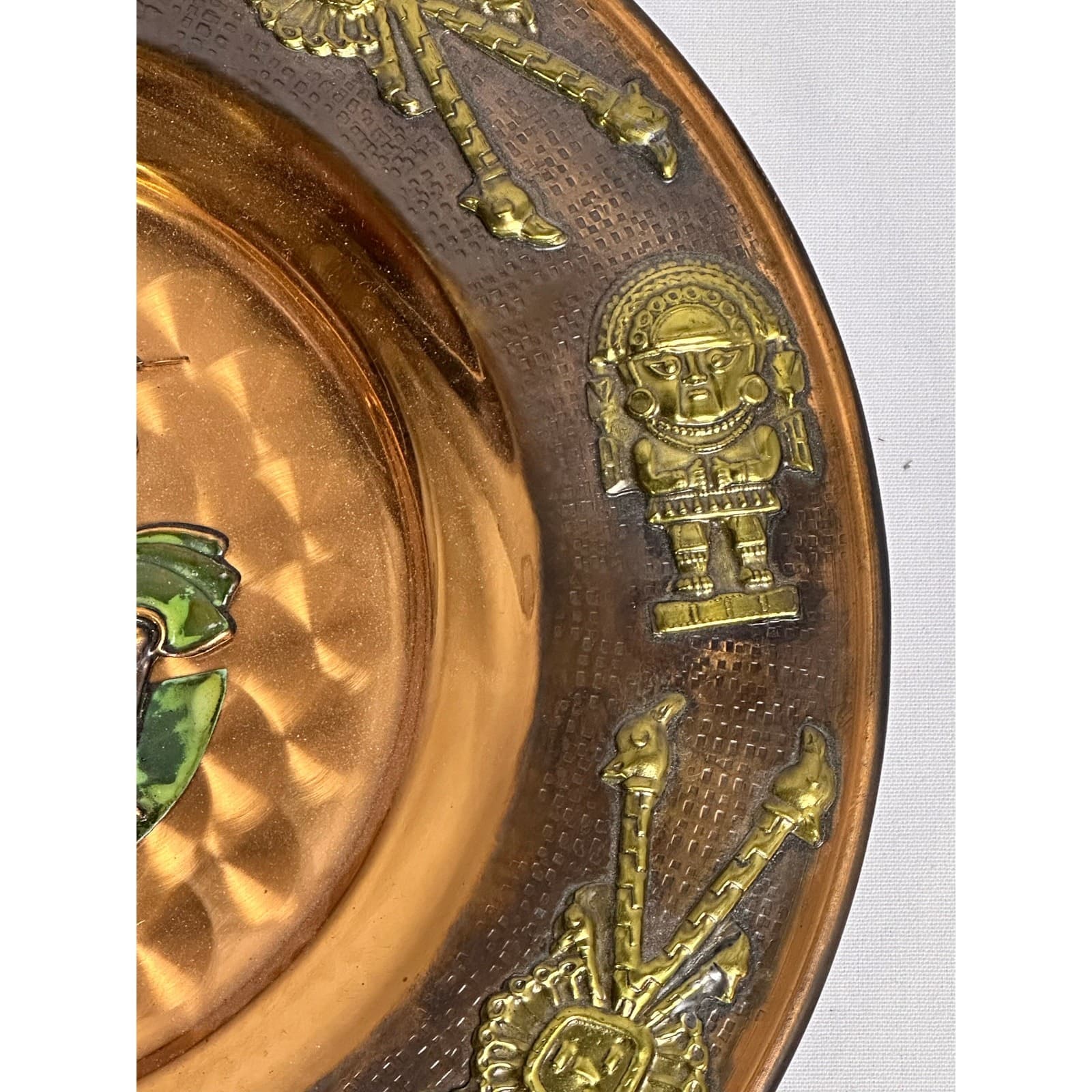 Peruvian Copper and Brass 11 7/8" Hand Painted Dancing Figures Decorative Plate - Thumbnail 5