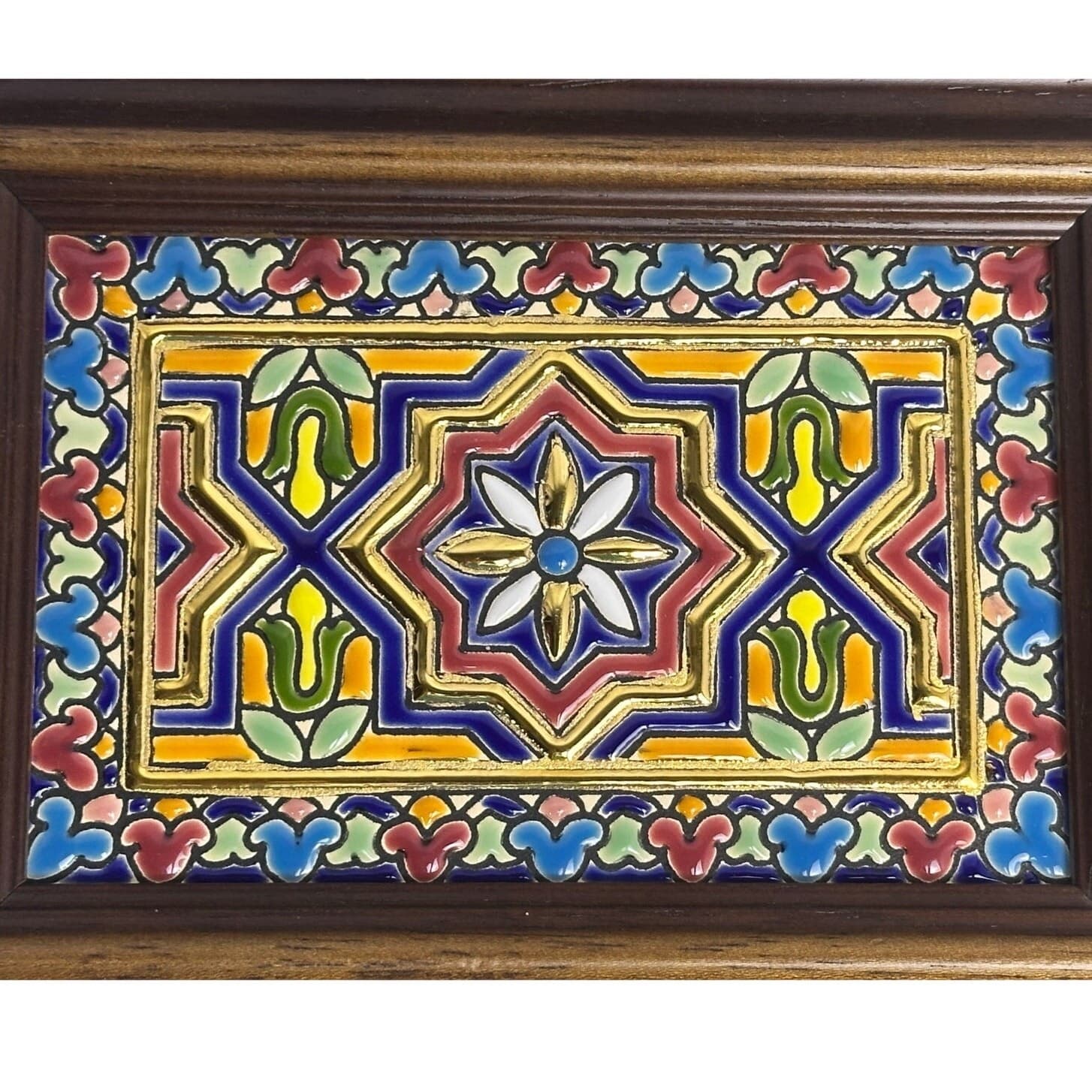 Persian Framed Decorative Ceramic Tile 8 x 6 Wall Art Vibrant Colors Gold Accent - Thumbnail 2