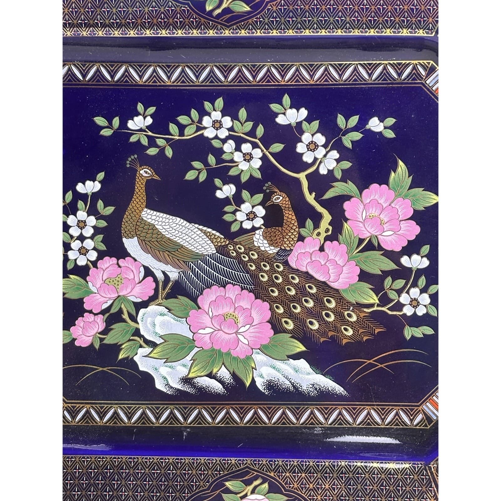 DeLux China M. A. Beheshti Japan Peacock Cobalt Blue Floral 13 x 11 Tray/Platter - Thumbnail 2