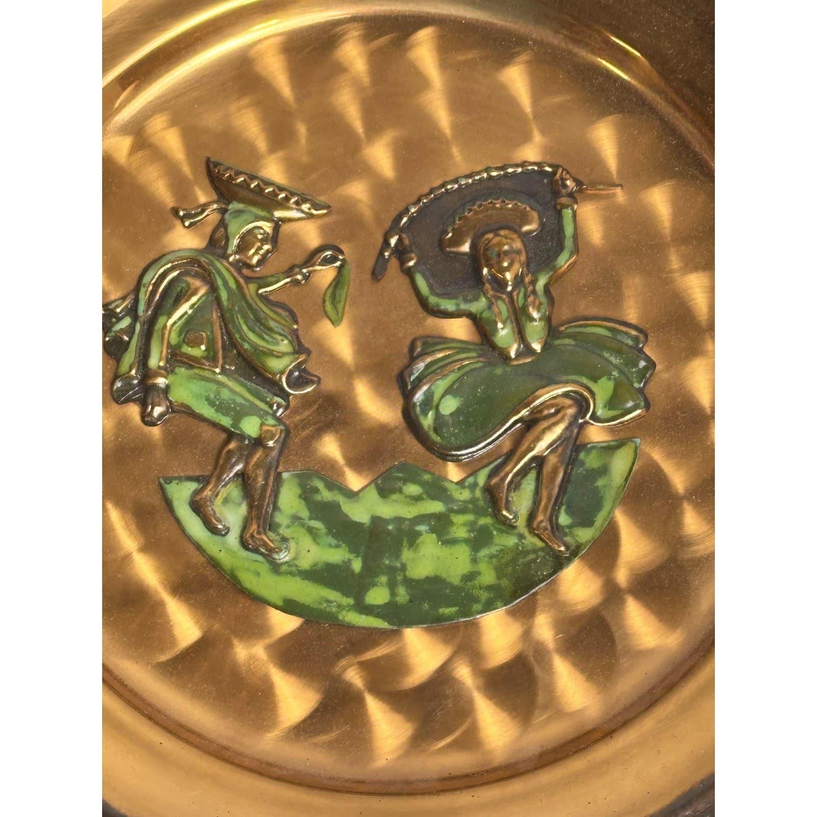 Peruvian Copper and Brass 11 7/8" Hand Painted Dancing Figures Decorative Plate - Thumbnail 2