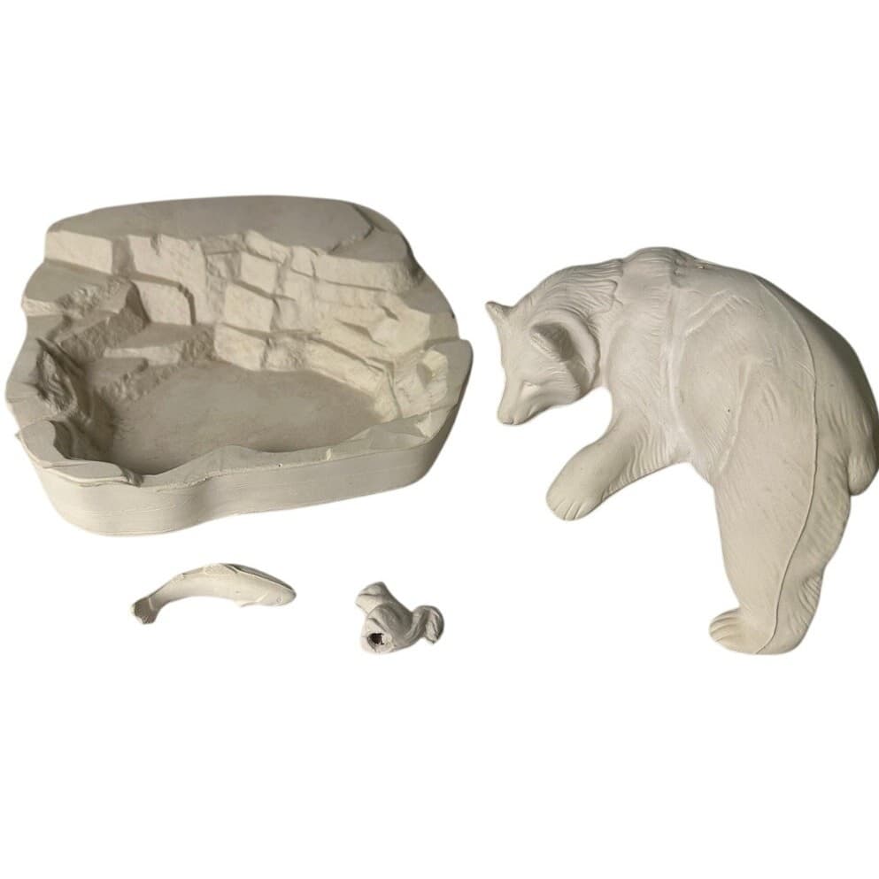 Unfired Greenware Bear Fishing in Pond 4 Piece Figurine Vintage - Thumbnail 2