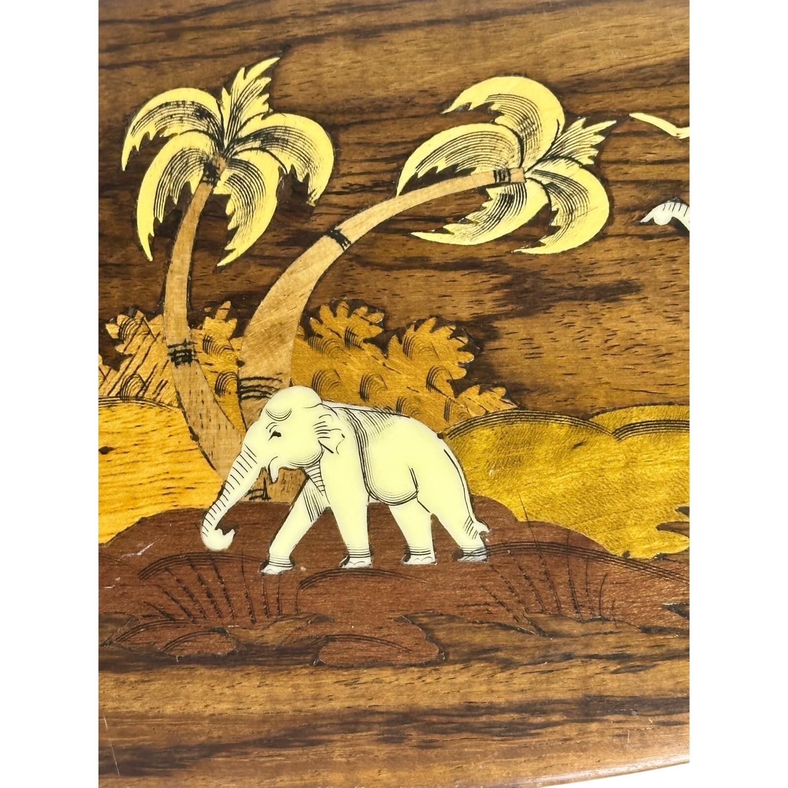 Wooden White Elephants Palm Trees Inlay Vintage Wall Art Plaque - Thumbnail 3