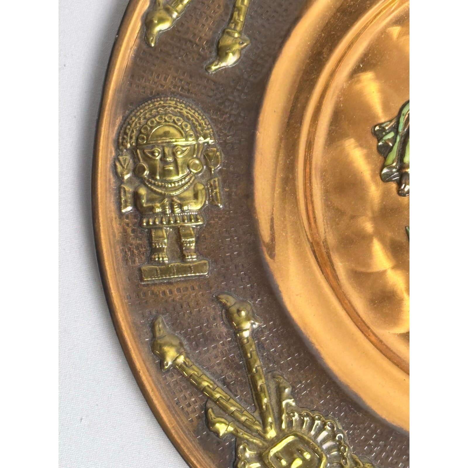 Peruvian Copper and Brass 11 7/8" Hand Painted Dancing Figures Decorative Plate - Thumbnail 3
