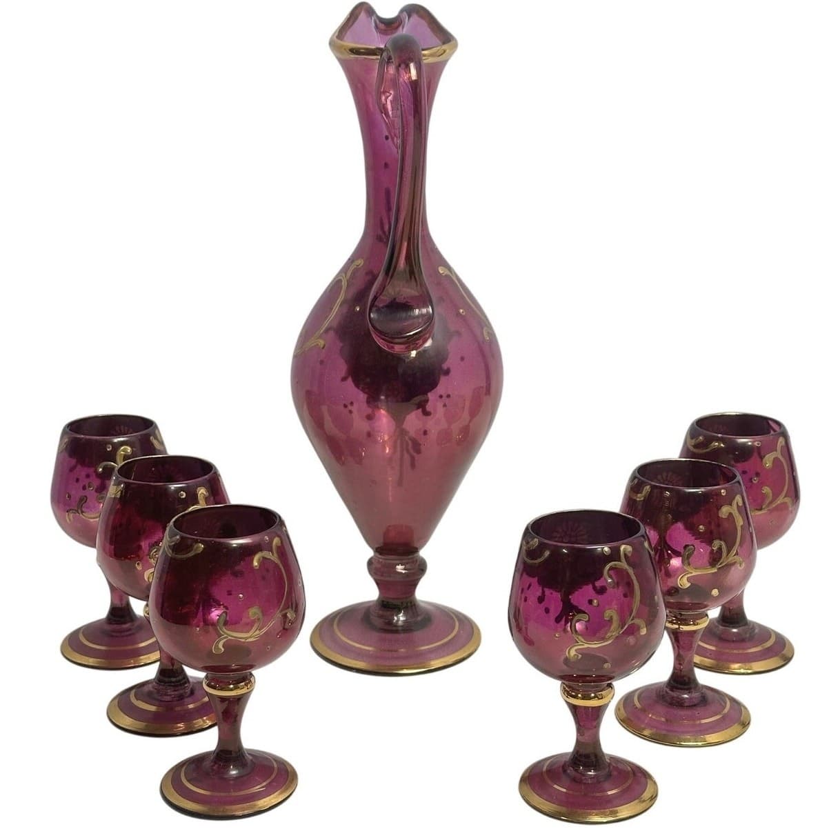 Cranberry Glass Intricate Gilt Overlay Design MCM Decanter and Stemware-Set of 7 - Thumbnail 3