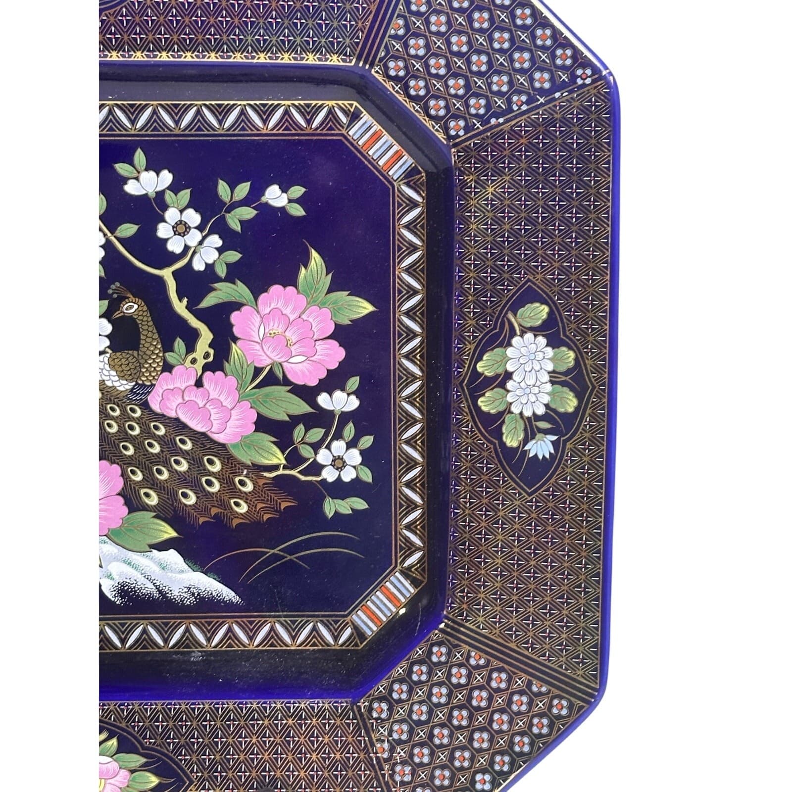 DeLux China M. A. Beheshti Japan Peacock Cobalt Blue Floral 13 x 11 Tray/Platter - Thumbnail 5
