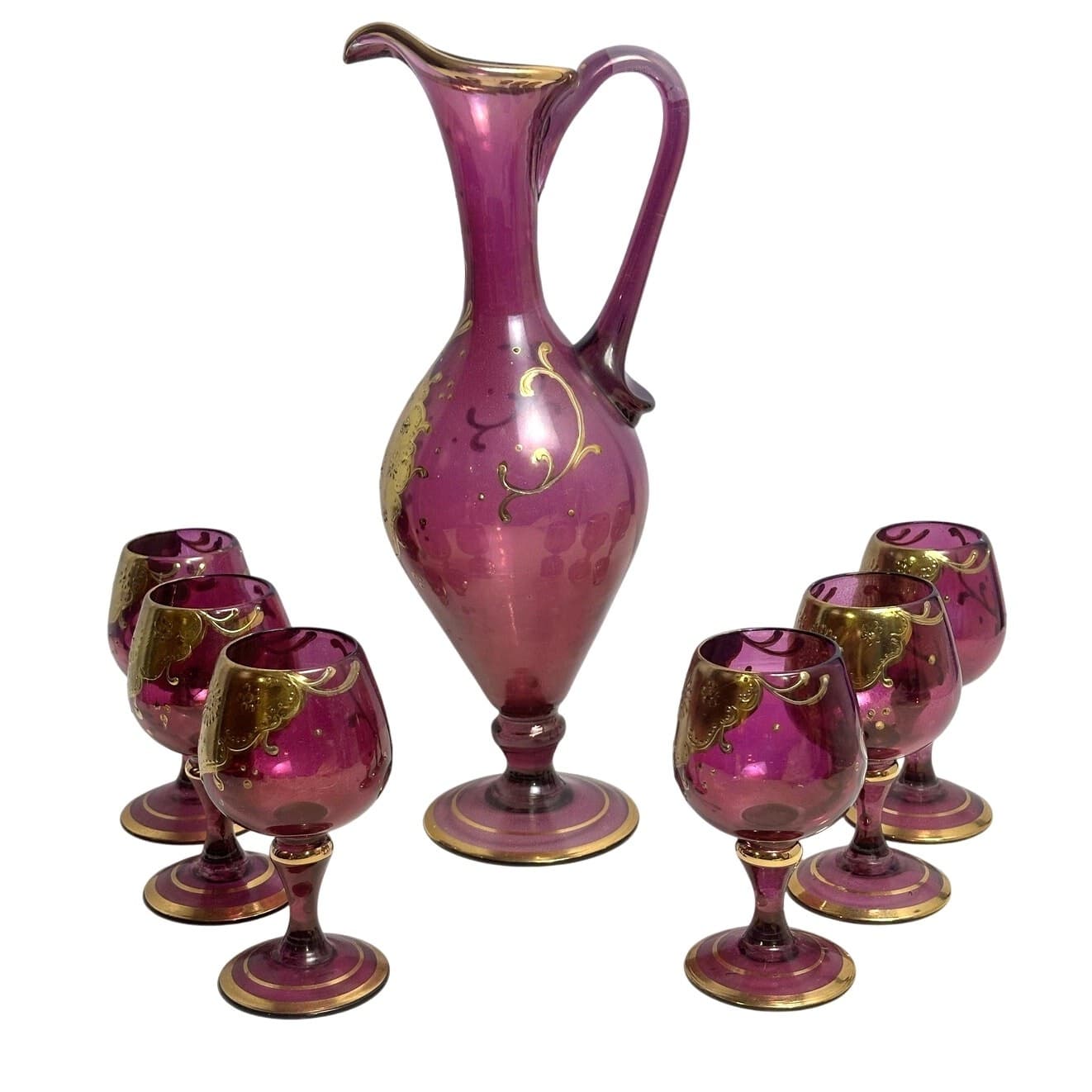 Cranberry Glass Intricate Gilt Overlay Design MCM Decanter and Stemware-Set of 7 - Thumbnail 2