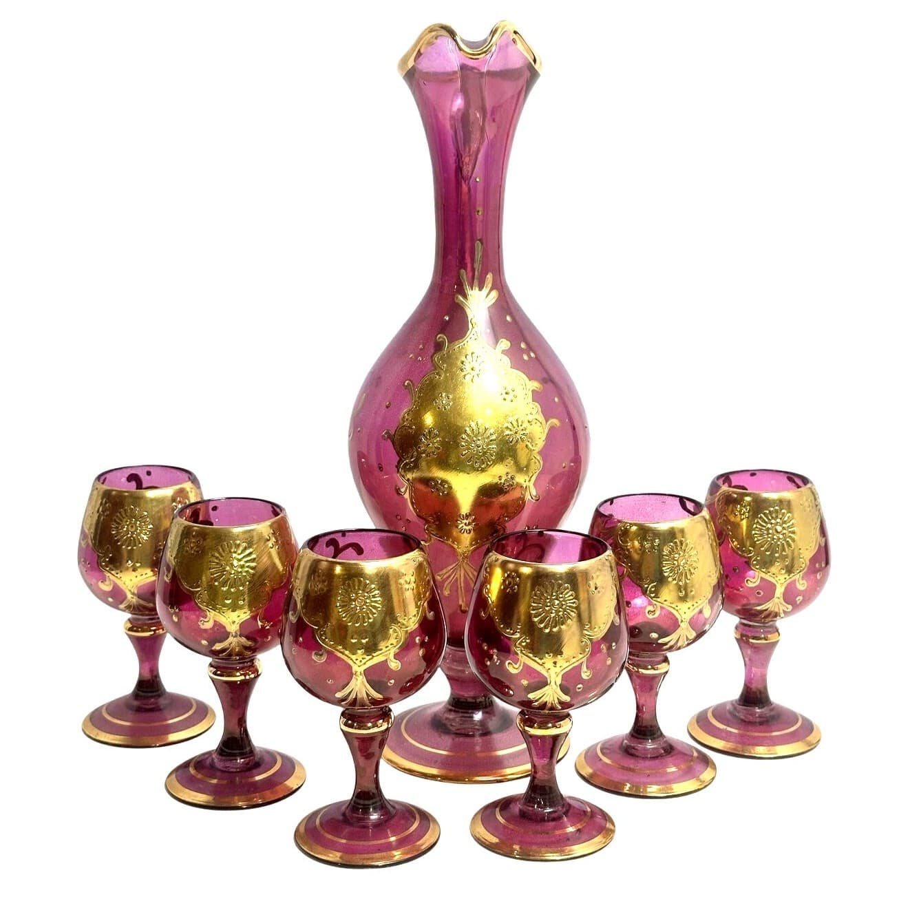 Cranberry Glass Intricate Gilt Overlay Design MCM Decanter and Stemware-Set of 7
