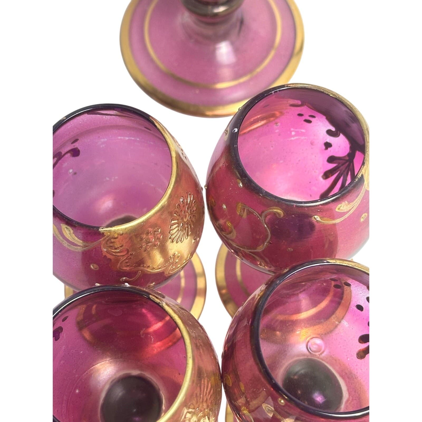 Cranberry Glass Intricate Gilt Overlay Design MCM Decanter and Stemware-Set of 7 - Thumbnail 6