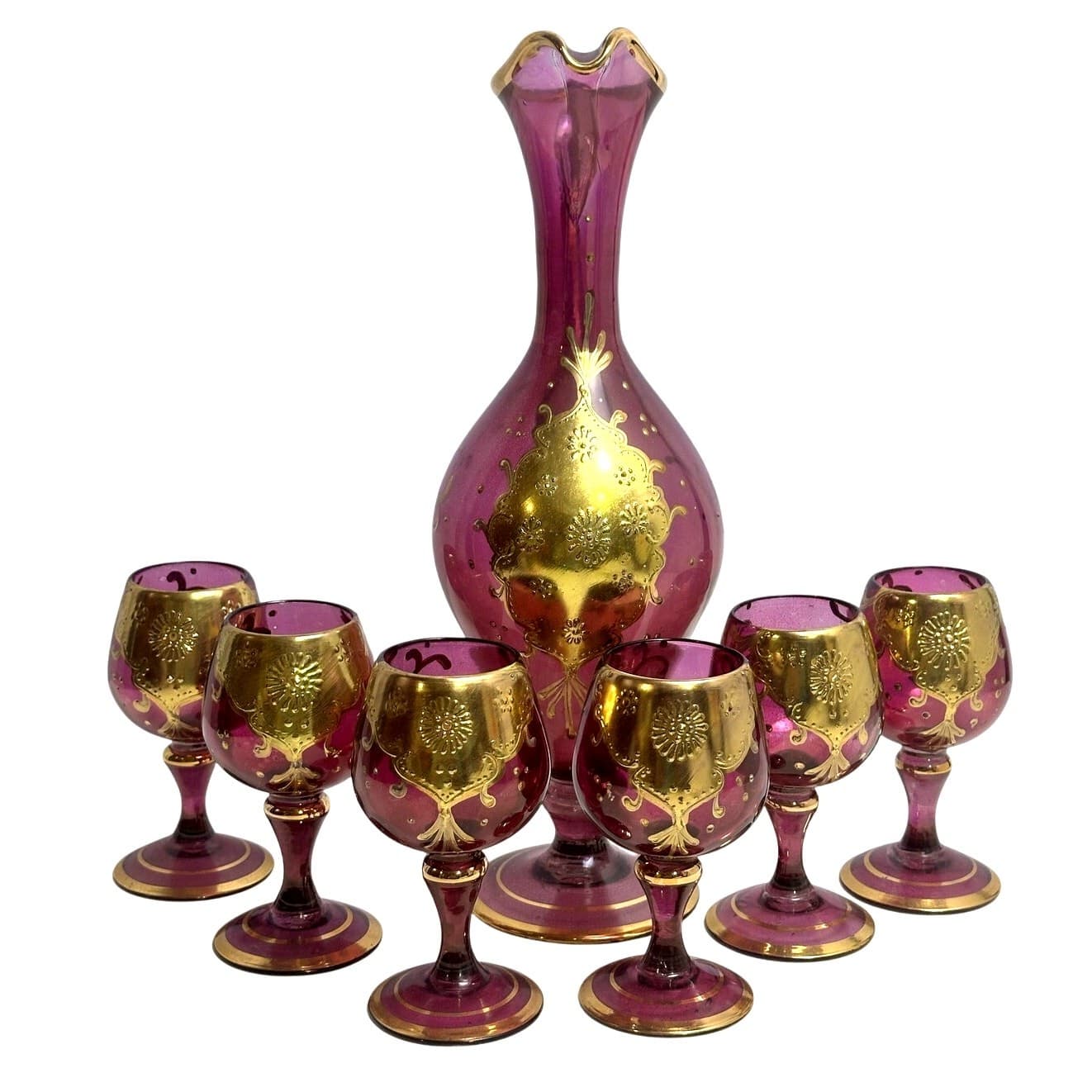 Cranberry Glass Intricate Gilt Overlay Design MCM Decanter and Stemware-Set of 7 - Thumbnail 10