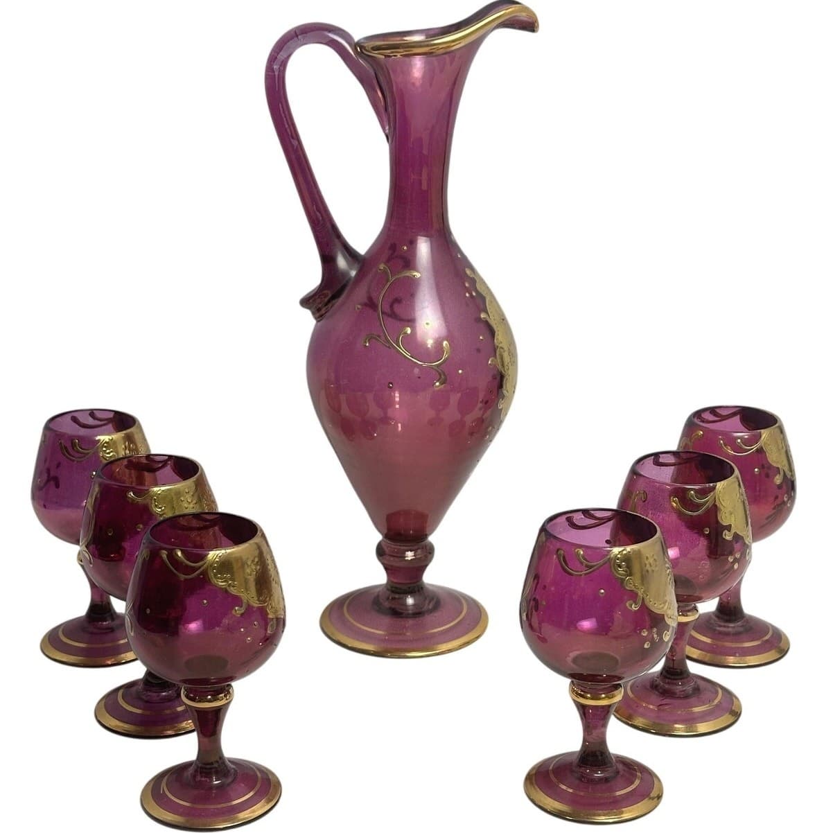 Cranberry Glass Intricate Gilt Overlay Design MCM Decanter and Stemware-Set of 7 - Thumbnail 4