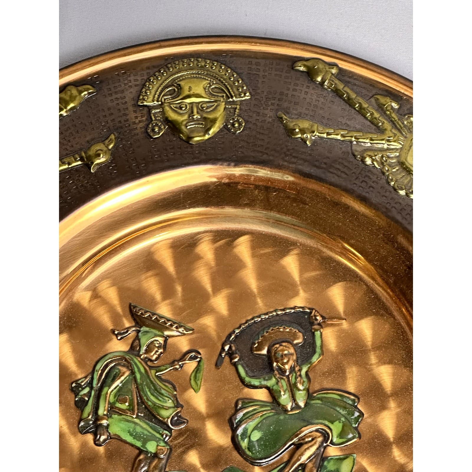 Peruvian Copper and Brass 11 7/8" Hand Painted Dancing Figures Decorative Plate - Thumbnail 4
