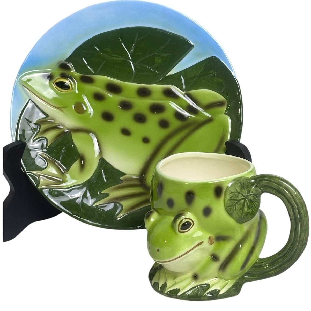 Takahashi Hand Painted Unique and Cute as Can Be Frog Plate and Mug Set-Adorable