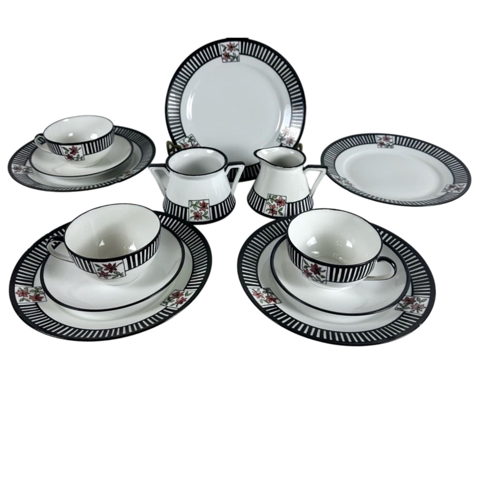 Antique 12-PC Coffee/Tea Set 1923 Black/White/Stripe/Floral Inscribed Dated-Rare