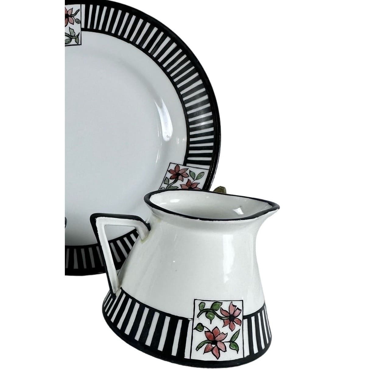 Antique 12-PC Coffee/Tea Set 1923 Black/White/Stripe/Floral Inscribed Dated-Rare - Thumbnail 4