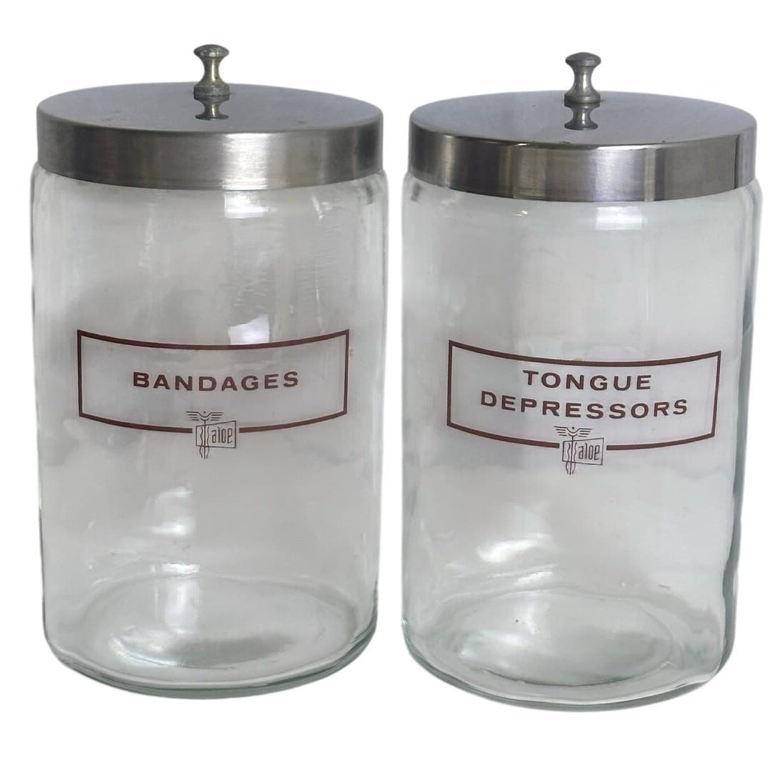 Lot of 2 ALOE Medical Clear Glass Jars w/Stainless Lids Vintage