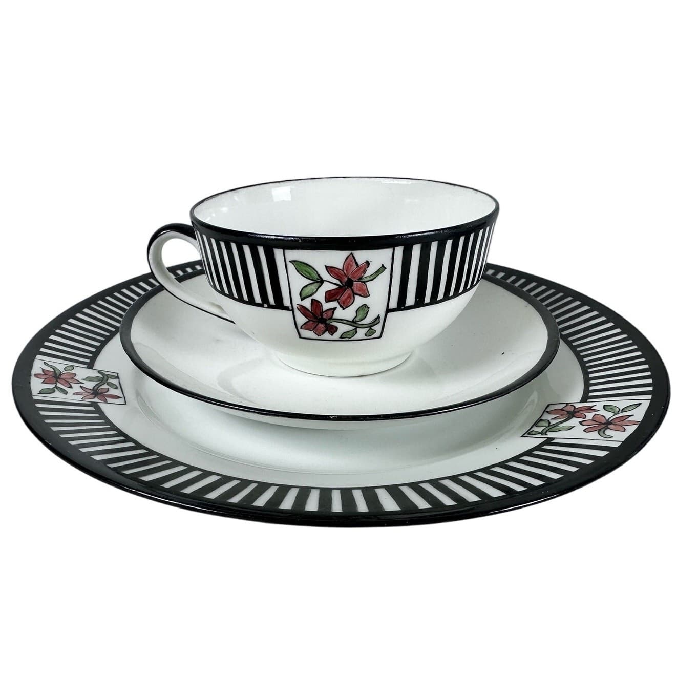 Antique 12-PC Coffee/Tea Set 1923 Black/White/Stripe/Floral Inscribed Dated-Rare - Thumbnail 2