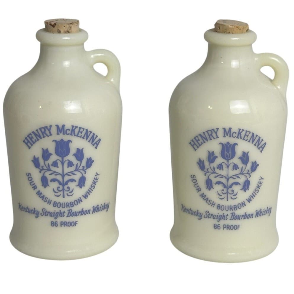 Pair Henry McKenna Miniature 1/10 pt Whiskey Bourbon Milk glass Bottles Vintage