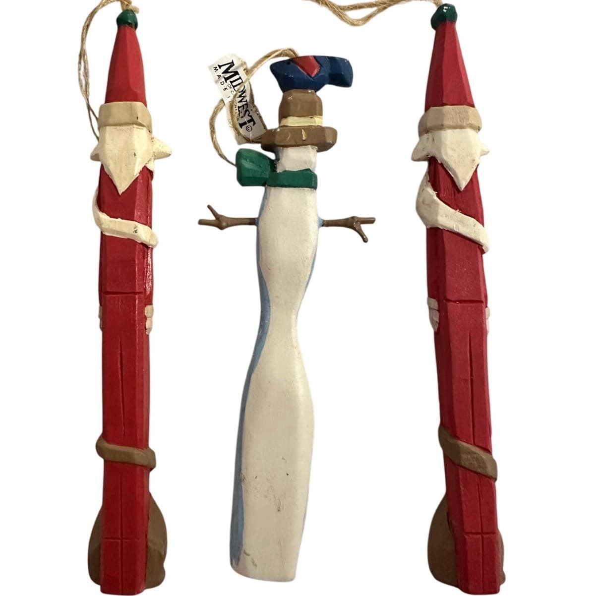 Midwest of Cannon Falls 3 Skinny Wood Ornsments 2 Santa &Cat & 1 Snowman & bird - Thumbnail 2