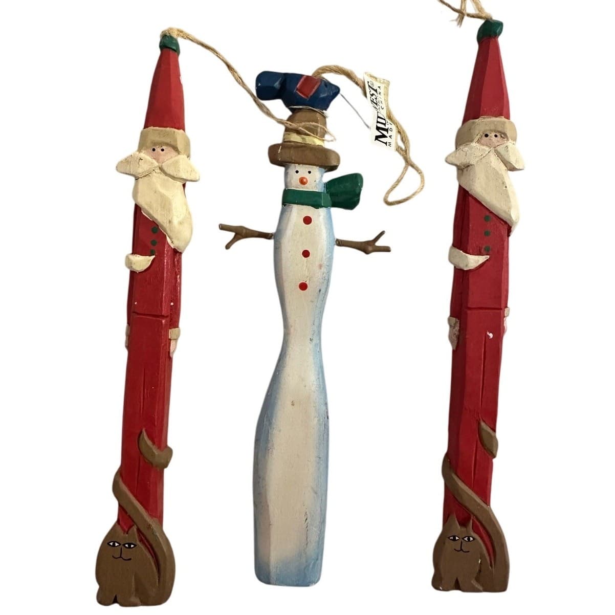 Midwest of Cannon Falls 3 Skinny Wood Ornsments 2 Santa &Cat & 1 Snowman & bird