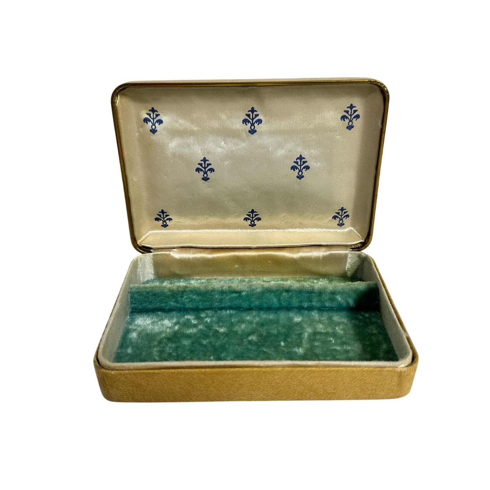 Clamshell Vintage Jewelry Box Tan with Teal Velvet interior 5 x 3-1/2 - Thumbnail 3
