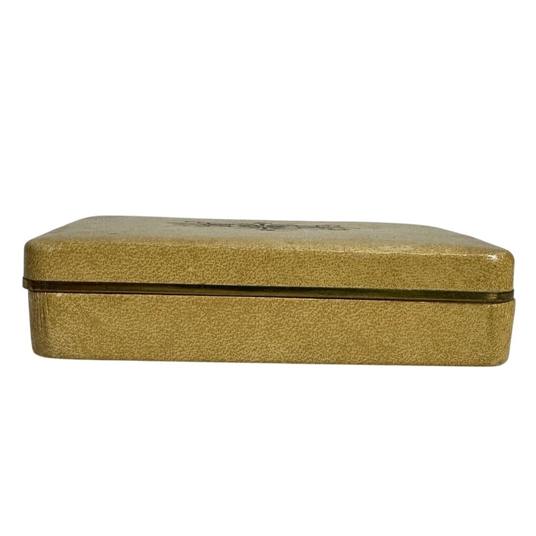 Clamshell Vintage Jewelry Box Tan with Teal Velvet interior 5 x 3-1/2
