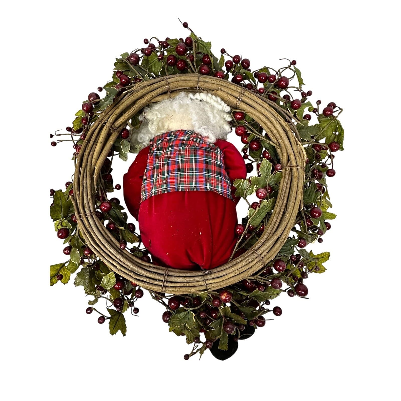 Plaid Santa With Pocket Watch 20” Berry Christmas Wreath Very Cute - Thumbnail 8