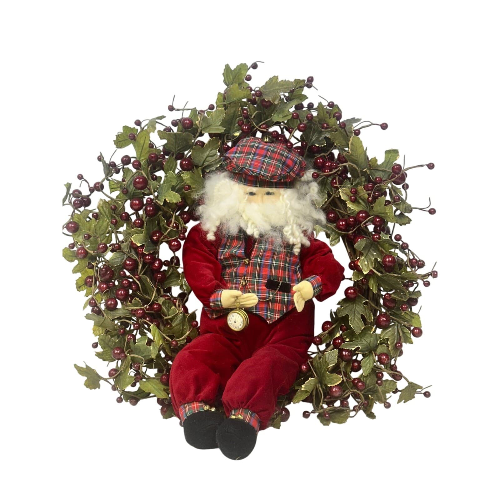 Plaid Santa With Pocket Watch 20” Berry Christmas Wreath Very Cute